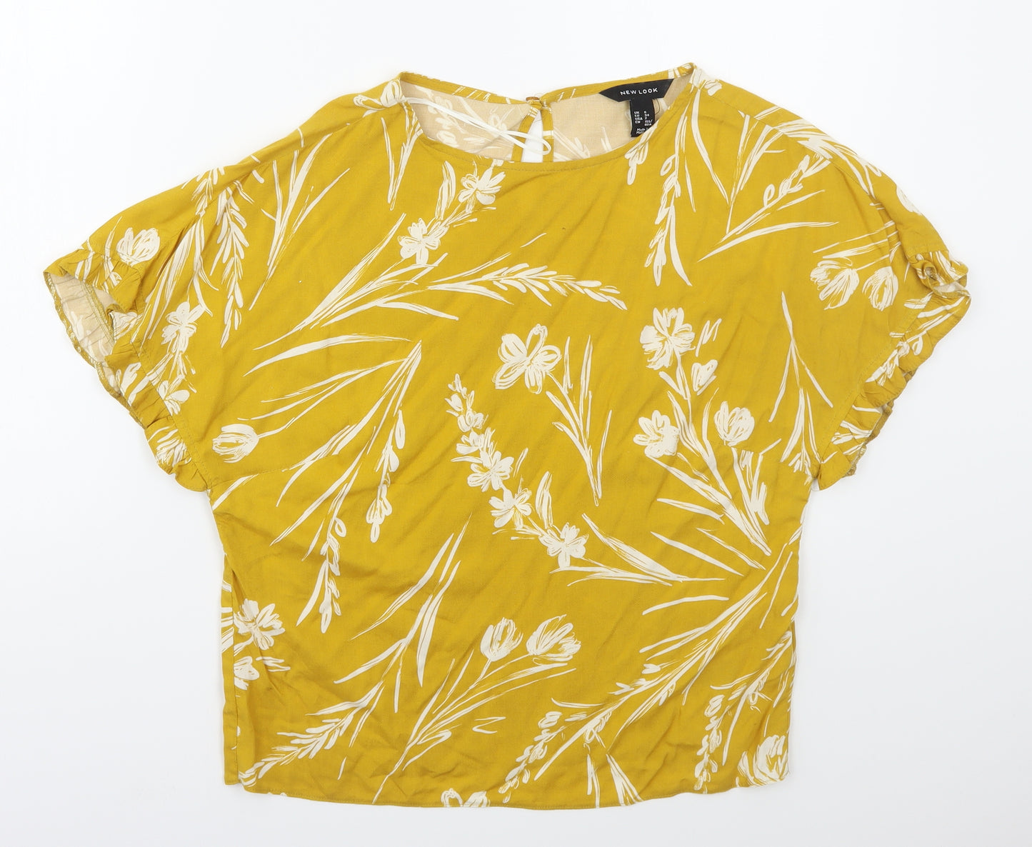 New Look Womens Yellow Floral Viscose Basic T-Shirt Size 6 Round Neck