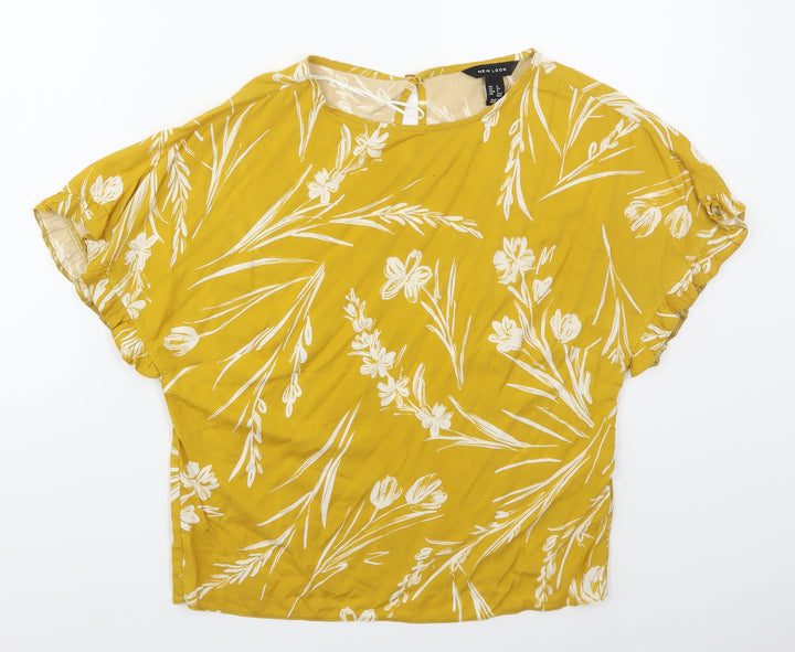 New Look Womens Yellow Floral Viscose Basic T-Shirt Size 6 Round Neck