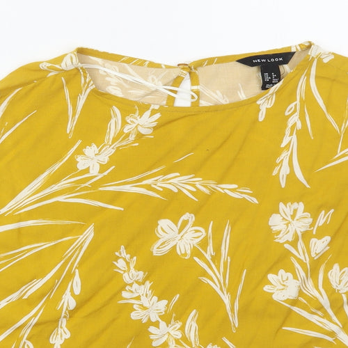 New Look Womens Yellow Floral Viscose Basic T-Shirt Size 6 Round Neck