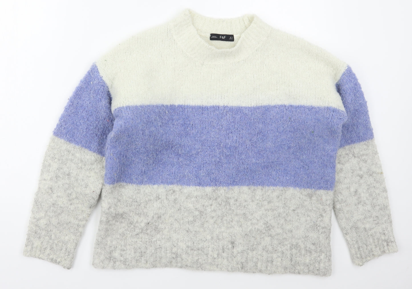 F&F Womens Blue Crew Neck Striped Polyester Pullover Jumper Size 8   - Grey