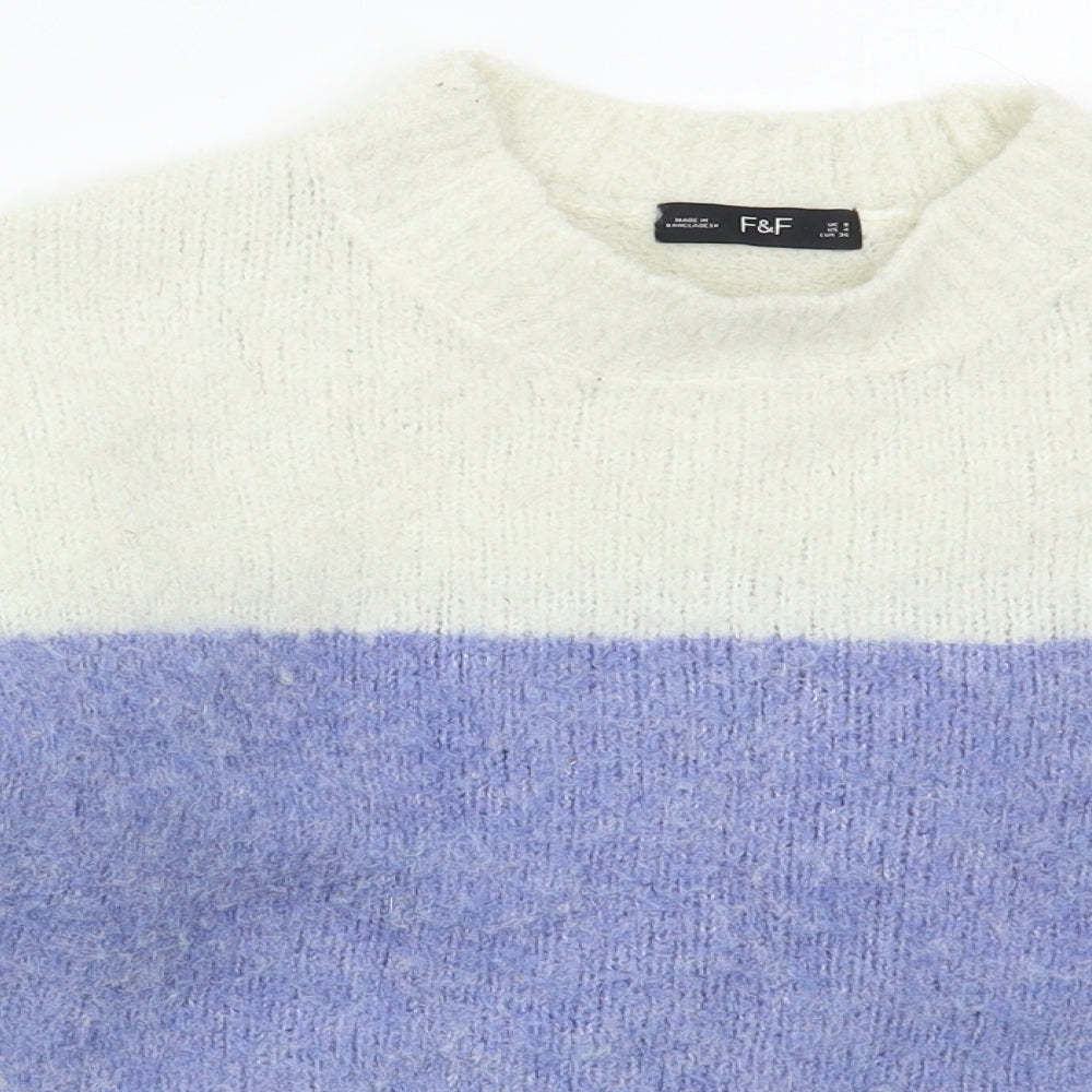 F&F Womens Blue Crew Neck Striped Polyester Pullover Jumper Size 8   - Grey