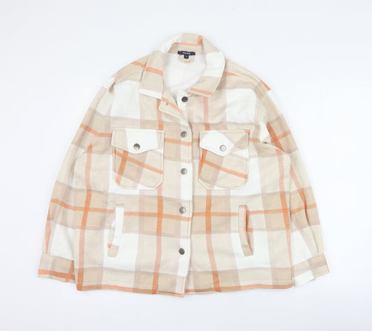 Front view of Rising women’s orange plaid jacket, size S, button