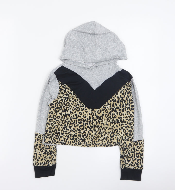 Matalan Girls Grey Animal Print Polyester Pullover Hoodie Size 8 Years Pullover - Cropped