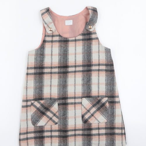 F&F Girls Grey Plaid Acrylic Pinafore/Dungaree Dress  Size 6-7 Years  Round Neck Button