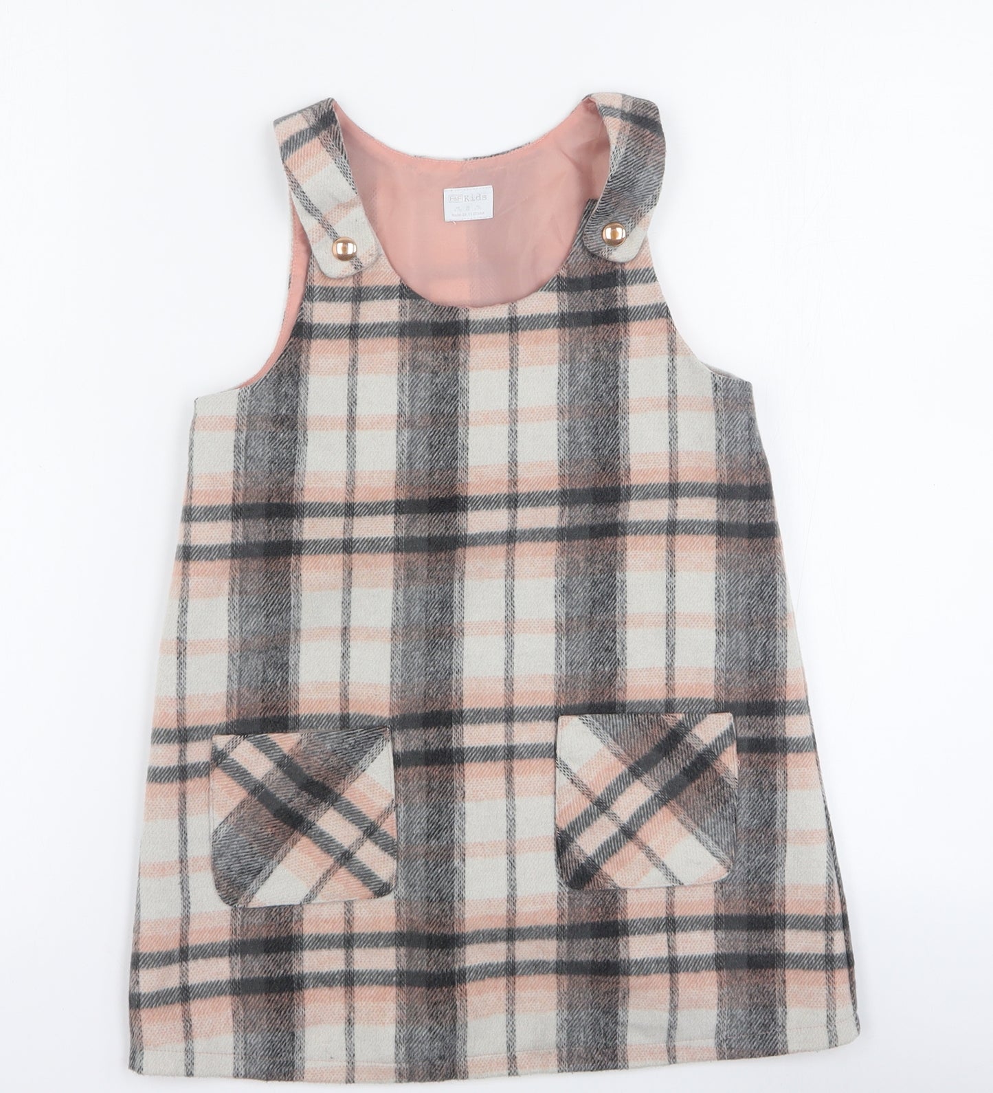 F&F Girls Grey Plaid Acrylic Pinafore/Dungaree Dress  Size 6-7 Years  Round Neck Button