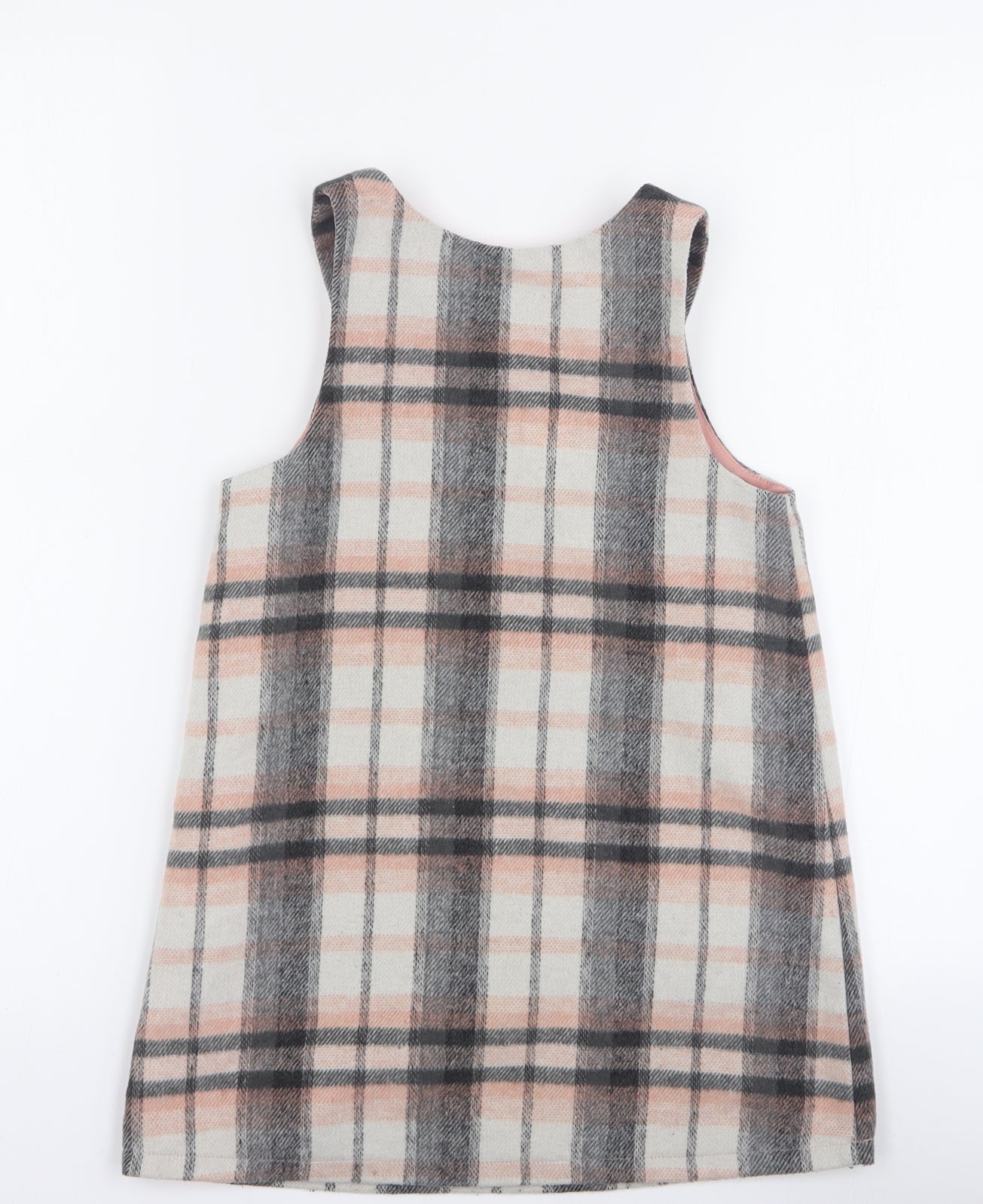 F&F Girls Grey Plaid Acrylic Pinafore/Dungaree Dress  Size 6-7 Years  Round Neck Button