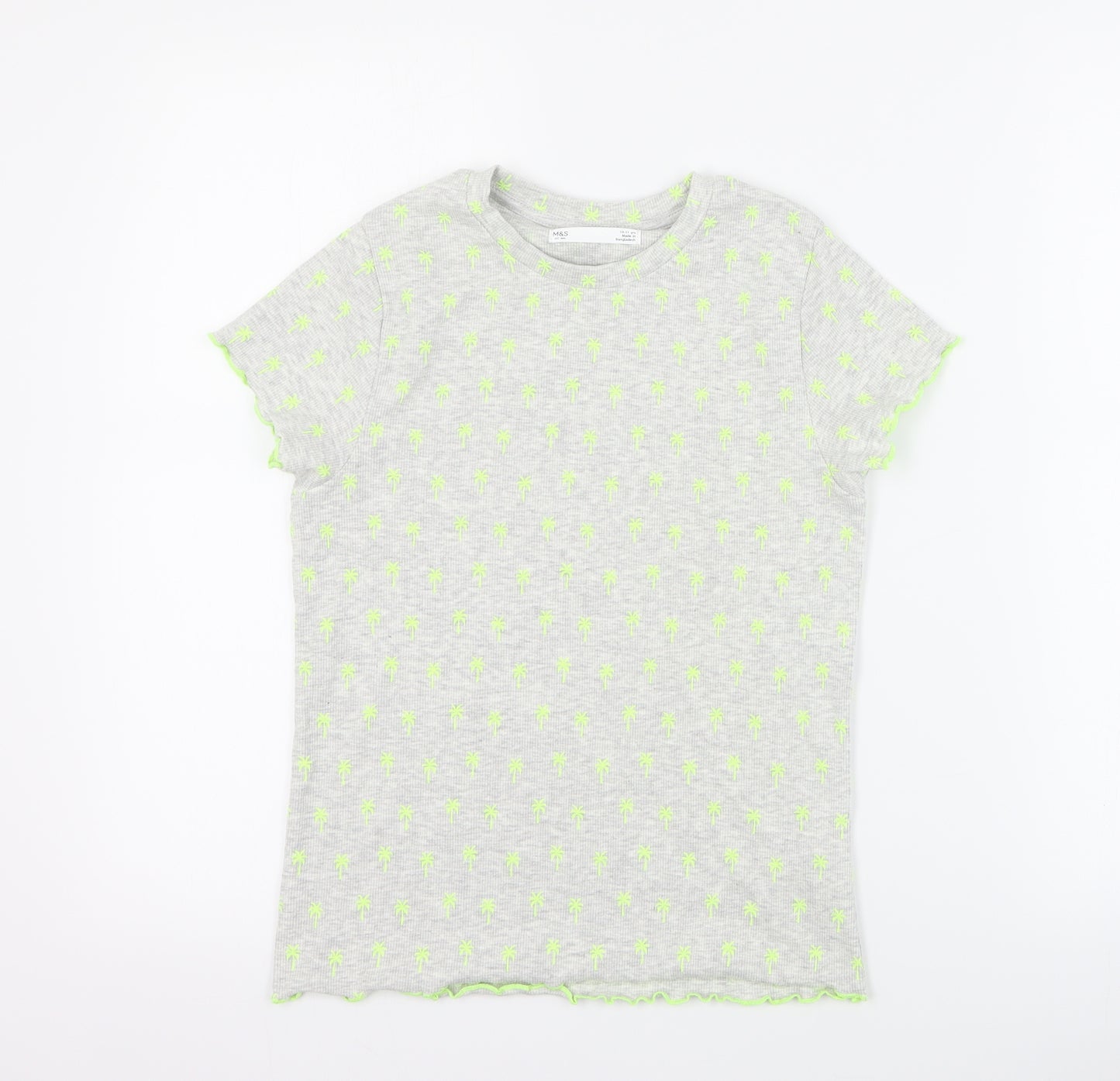 Marks and Spencer Girls Grey  Cotton Basic T-Shirt Size 10-11 Years Crew Neck Pullover - Palm tree