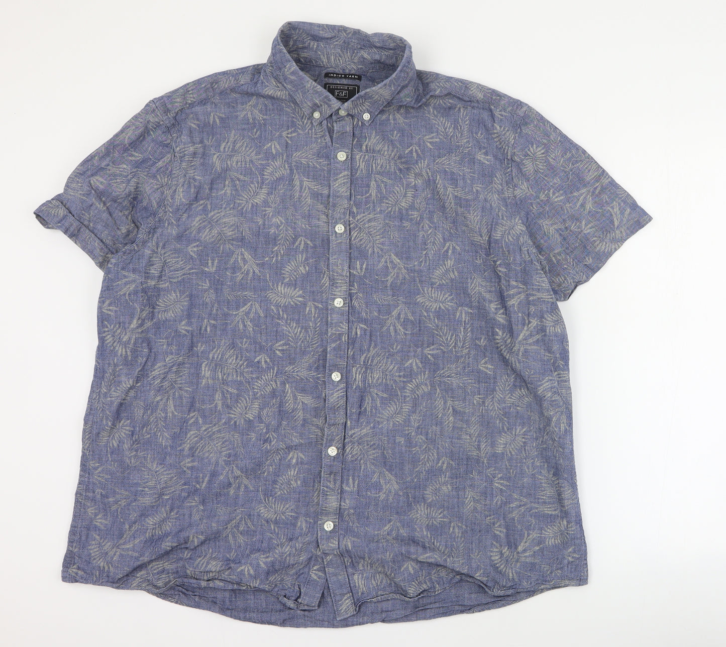 F&F Mens Blue  Cotton  Button-Up Size 2XL Collared Button - Leaf print