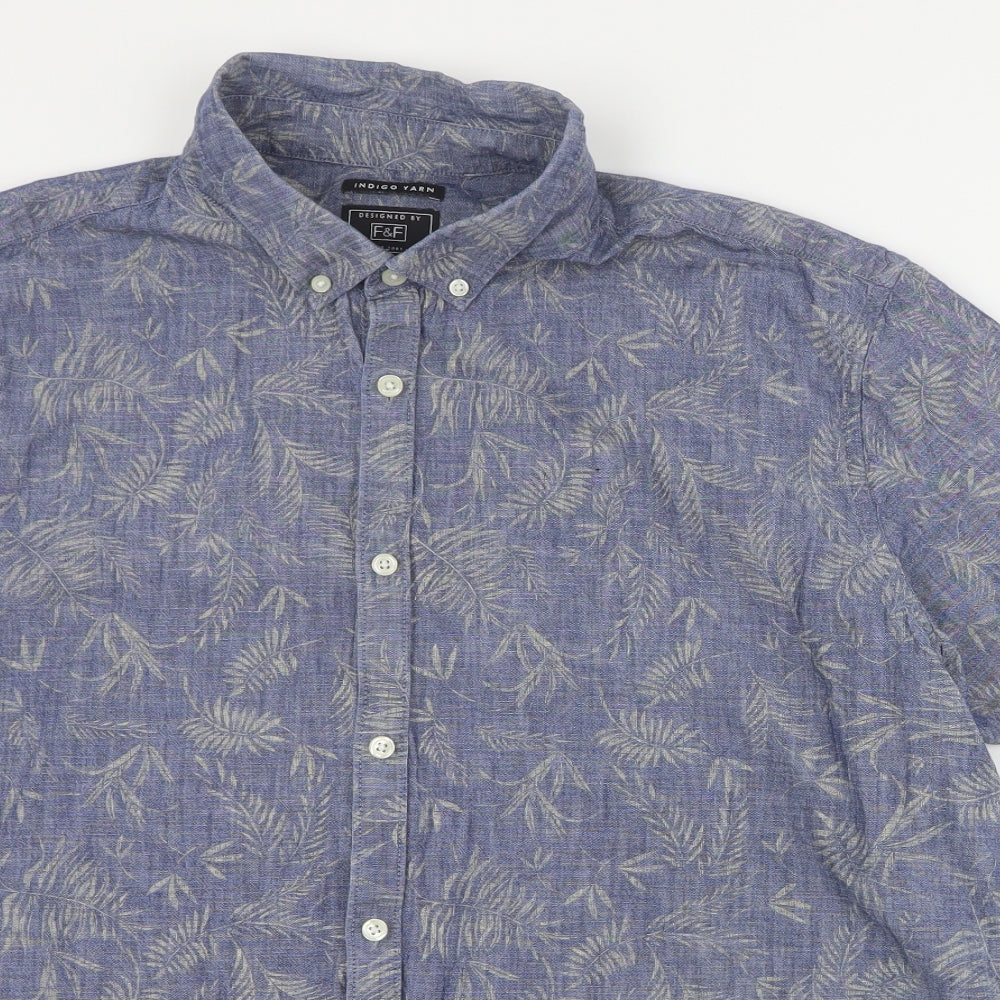 F&F Mens Blue  Cotton  Button-Up Size 2XL Collared Button - Leaf print