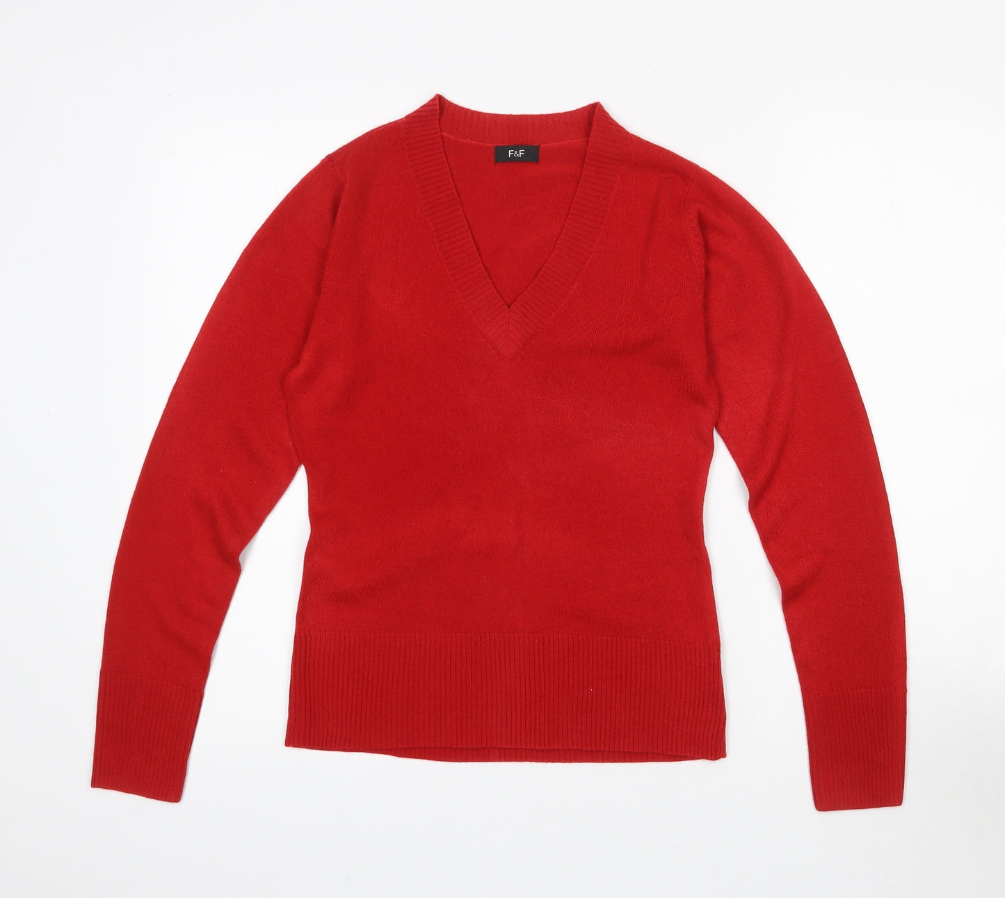 F&F Womens Red V-Neck  Acrylic Pullover Jumper Size 8
