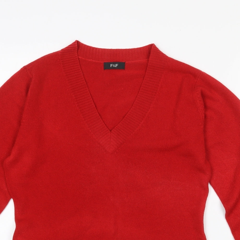 F&F Womens Red V-Neck  Acrylic Pullover Jumper Size 8