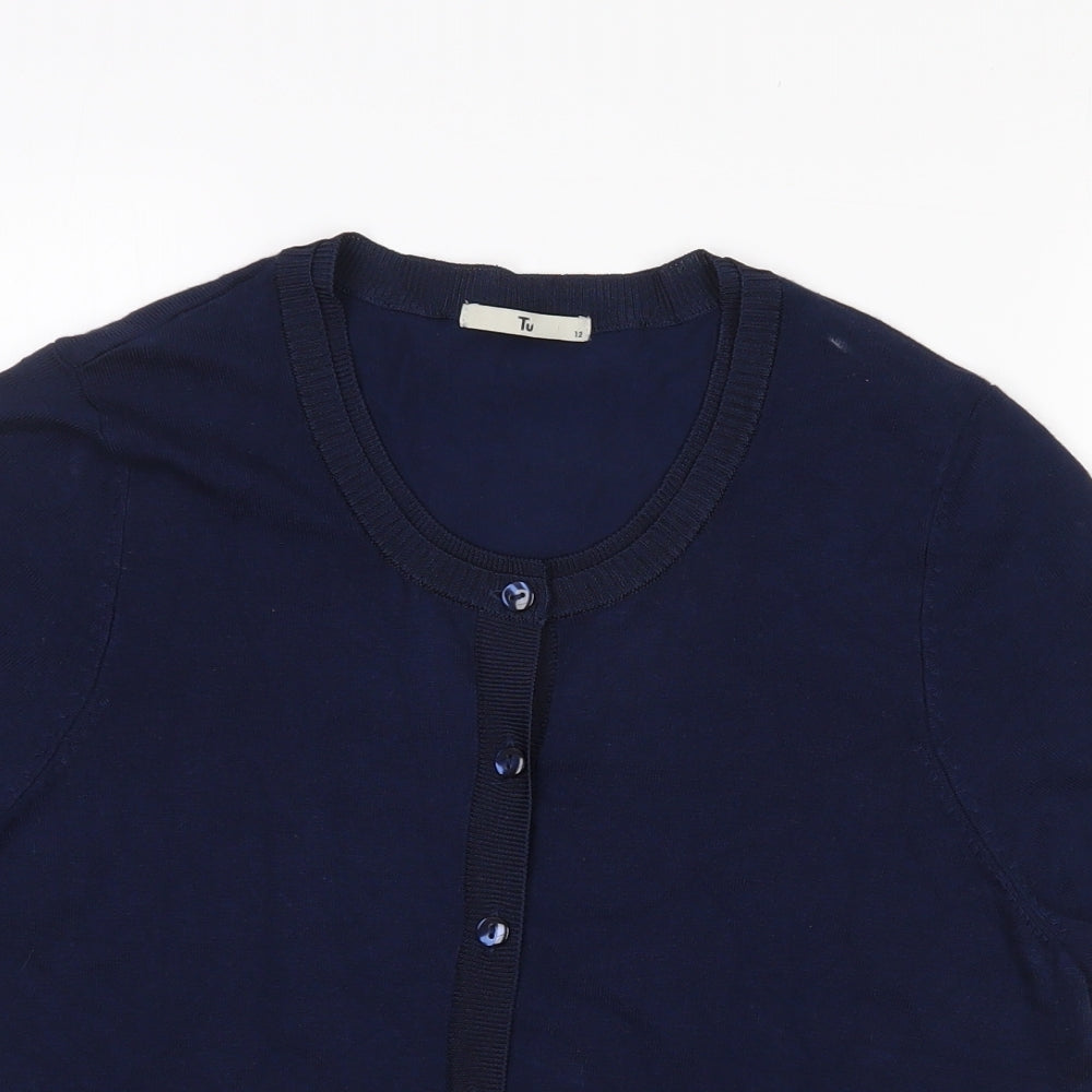 TU Womens Blue Round Neck  Viscose Cardigan Jumper Size 12   - Navy