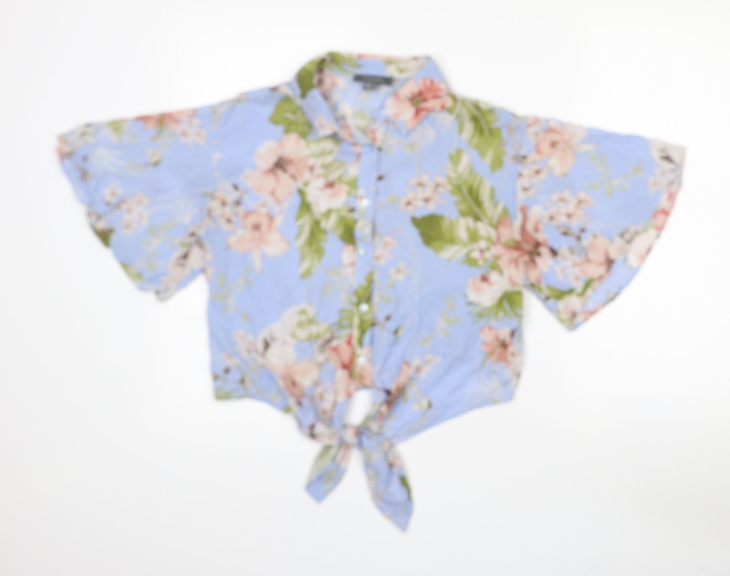 Primark Womens Blue Floral Viscose Cropped Blouse Size 8 Collared