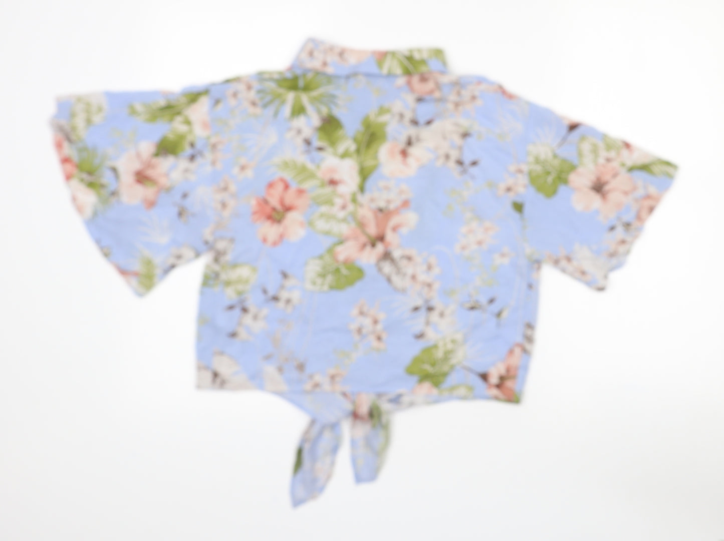 Primark Womens Blue Floral Viscose Cropped Blouse Size 8 Collared