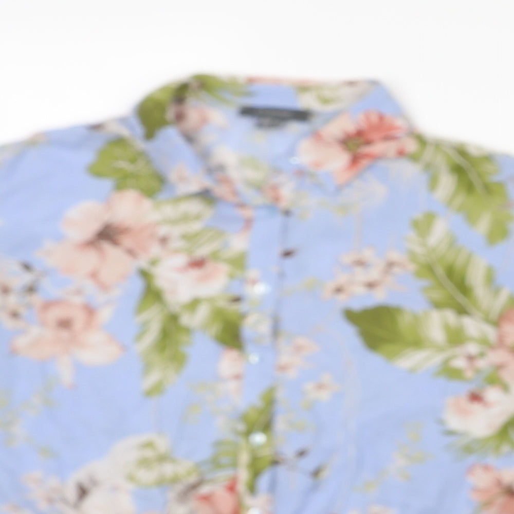 Primark Womens Blue Floral Viscose Cropped Blouse Size 8 Collared