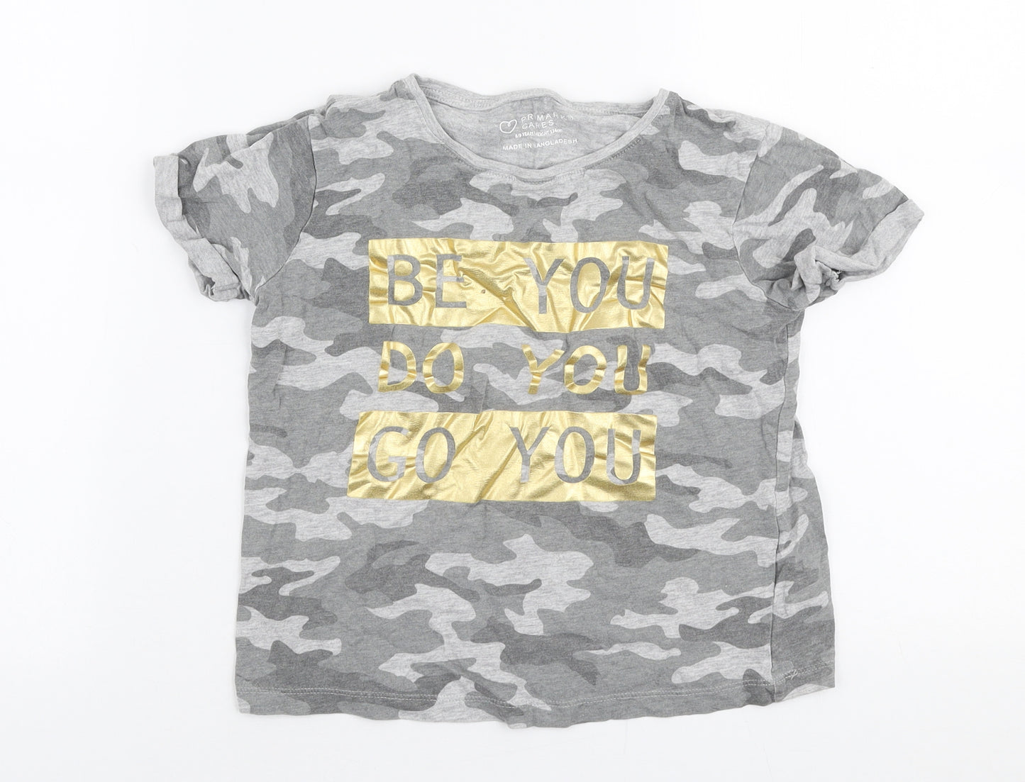 Primark Girls Grey Camouflage Cotton Cropped T-Shirt Size 8-9 Years Round Neck Pullover - Be you