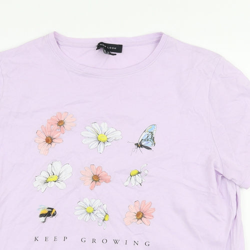 New Look Womens Purple Floral 100% Cotton Jersey T-Shirt Size 14 Round Neck - Bees