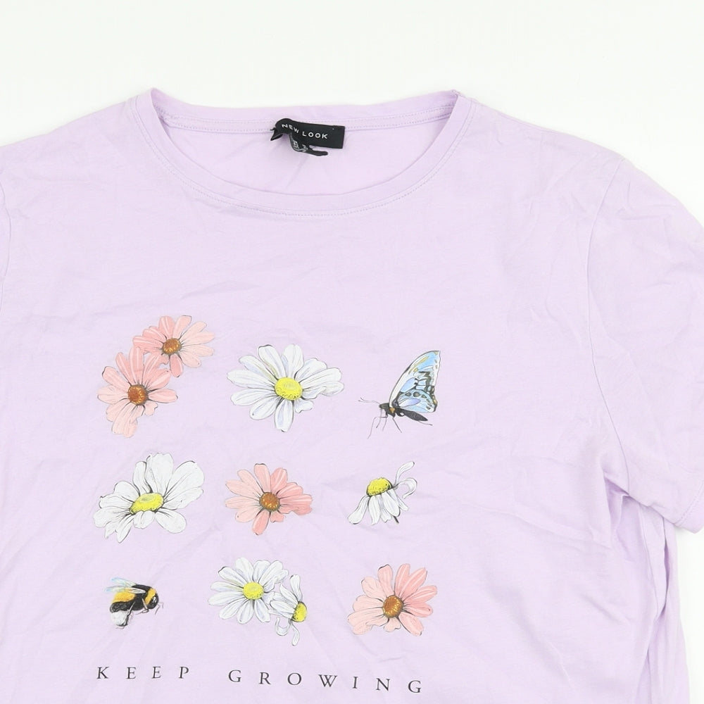 New Look Womens Purple Floral 100% Cotton Jersey T-Shirt Size 14 Round Neck - Bees