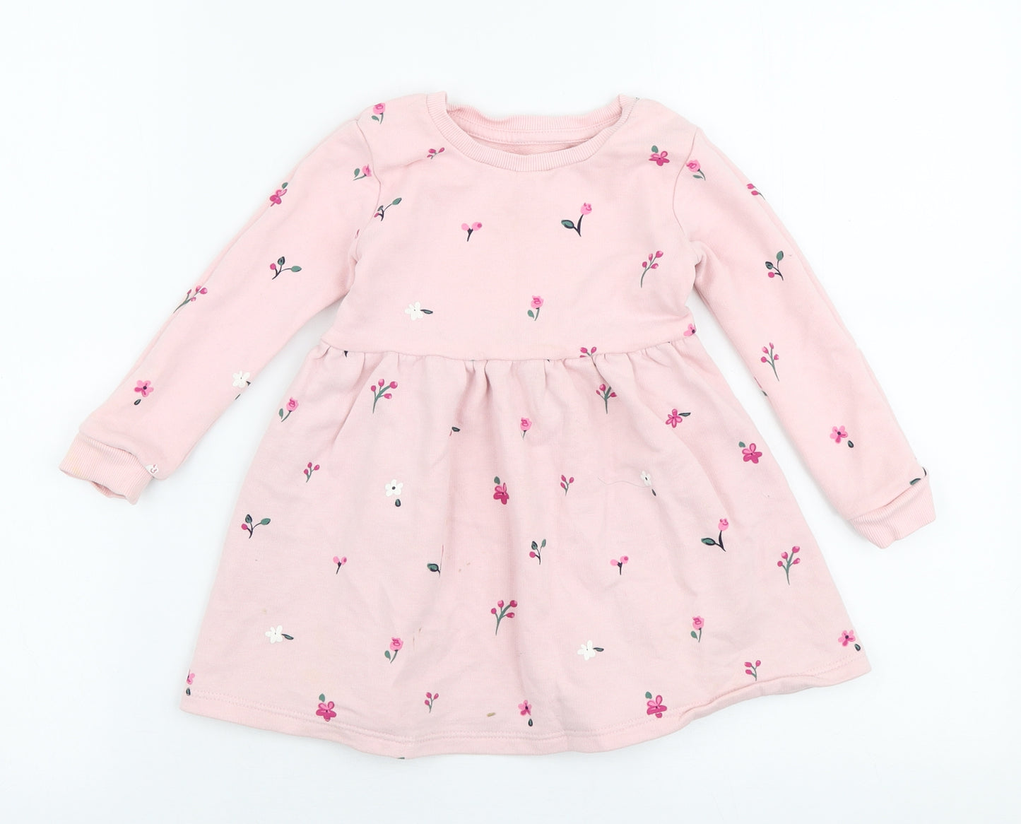 Dunnes Stores Girls Pink Floral Cotton Skater Dress  Size 18-24 Months  Round Neck Pullover