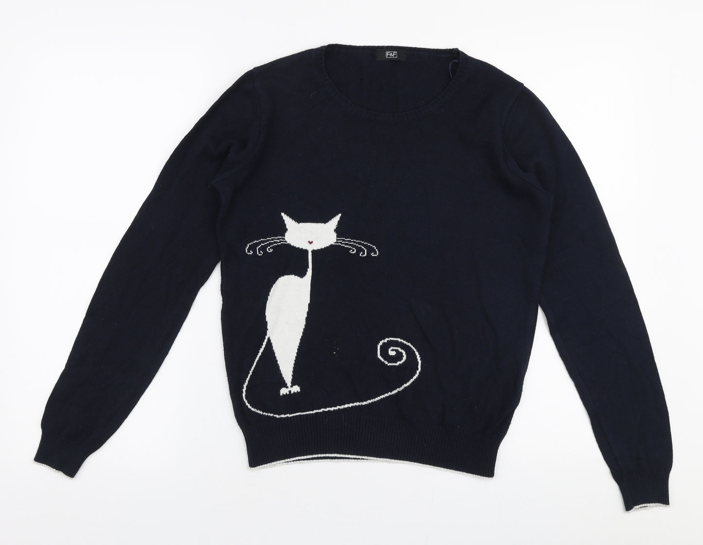 F&F Womens Blue Round Neck  Cotton Pullover Jumper Size 10   - Cat