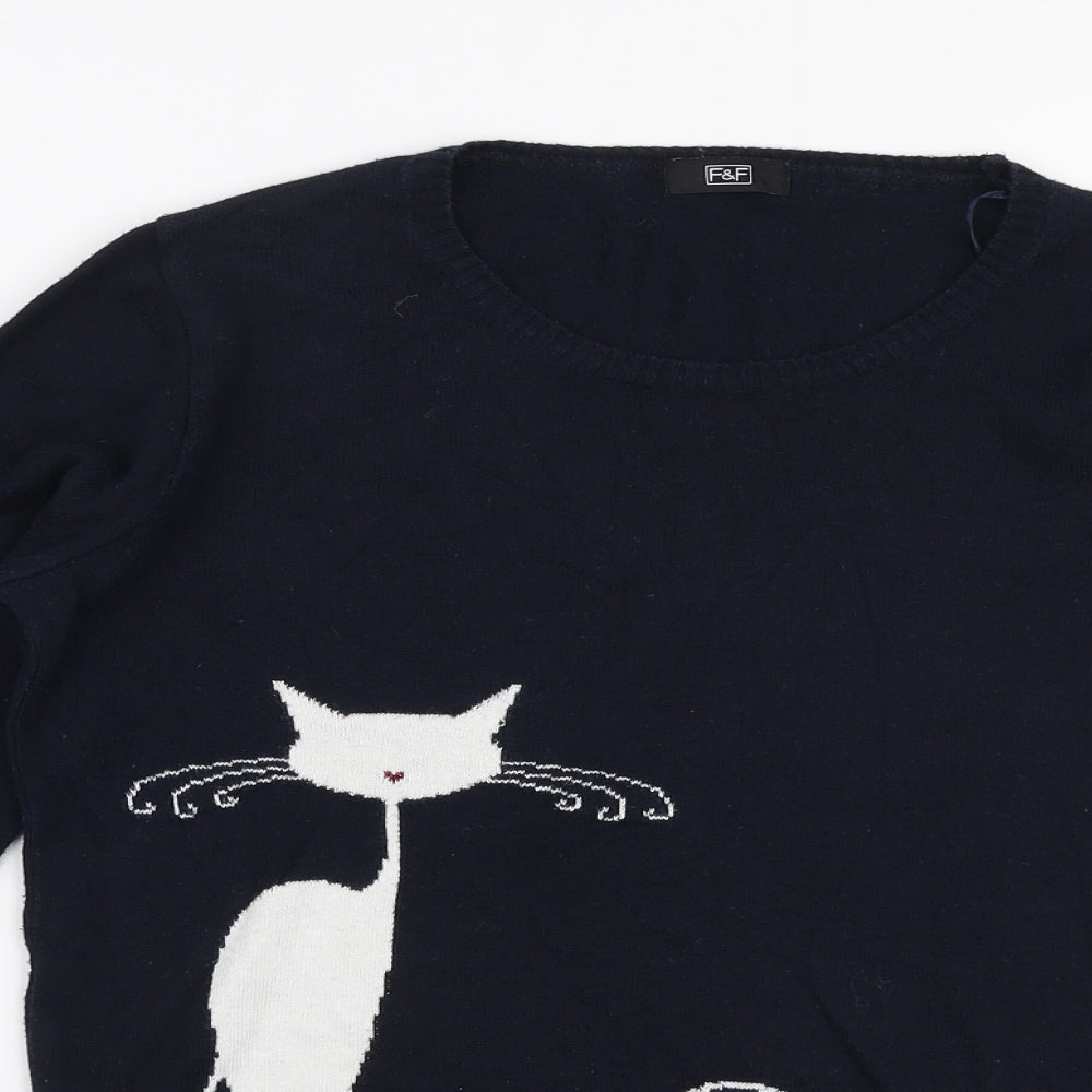 F&F Womens Blue Round Neck  Cotton Pullover Jumper Size 10   - Cat