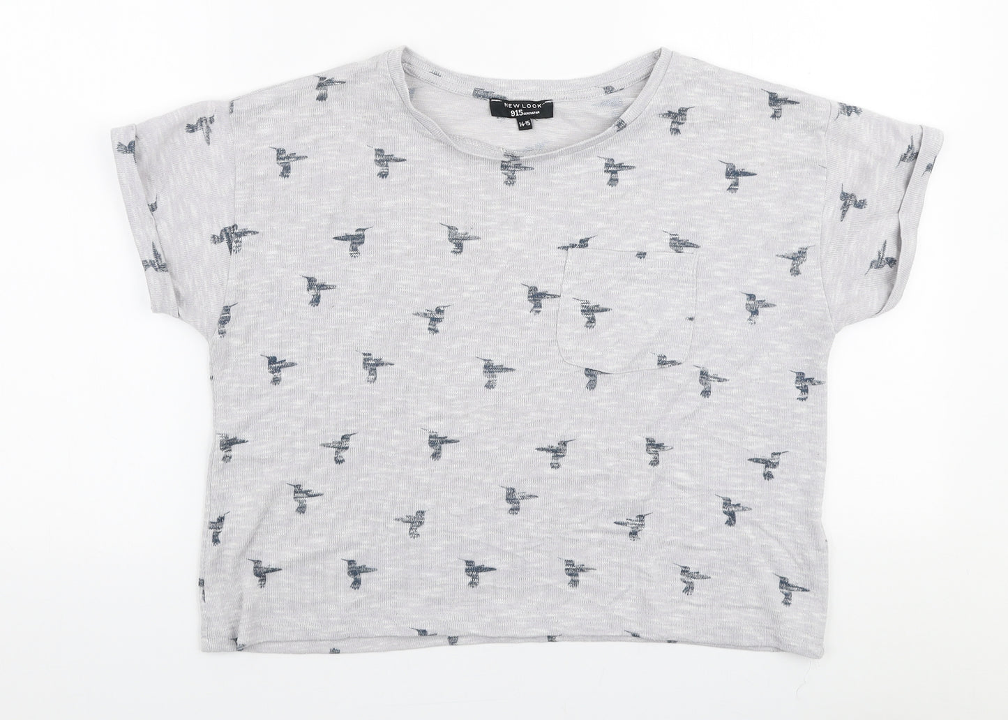 New Look Girls Grey  Polyester Pullover T-Shirt Size 14-15 Years Round Neck Pullover - Birds