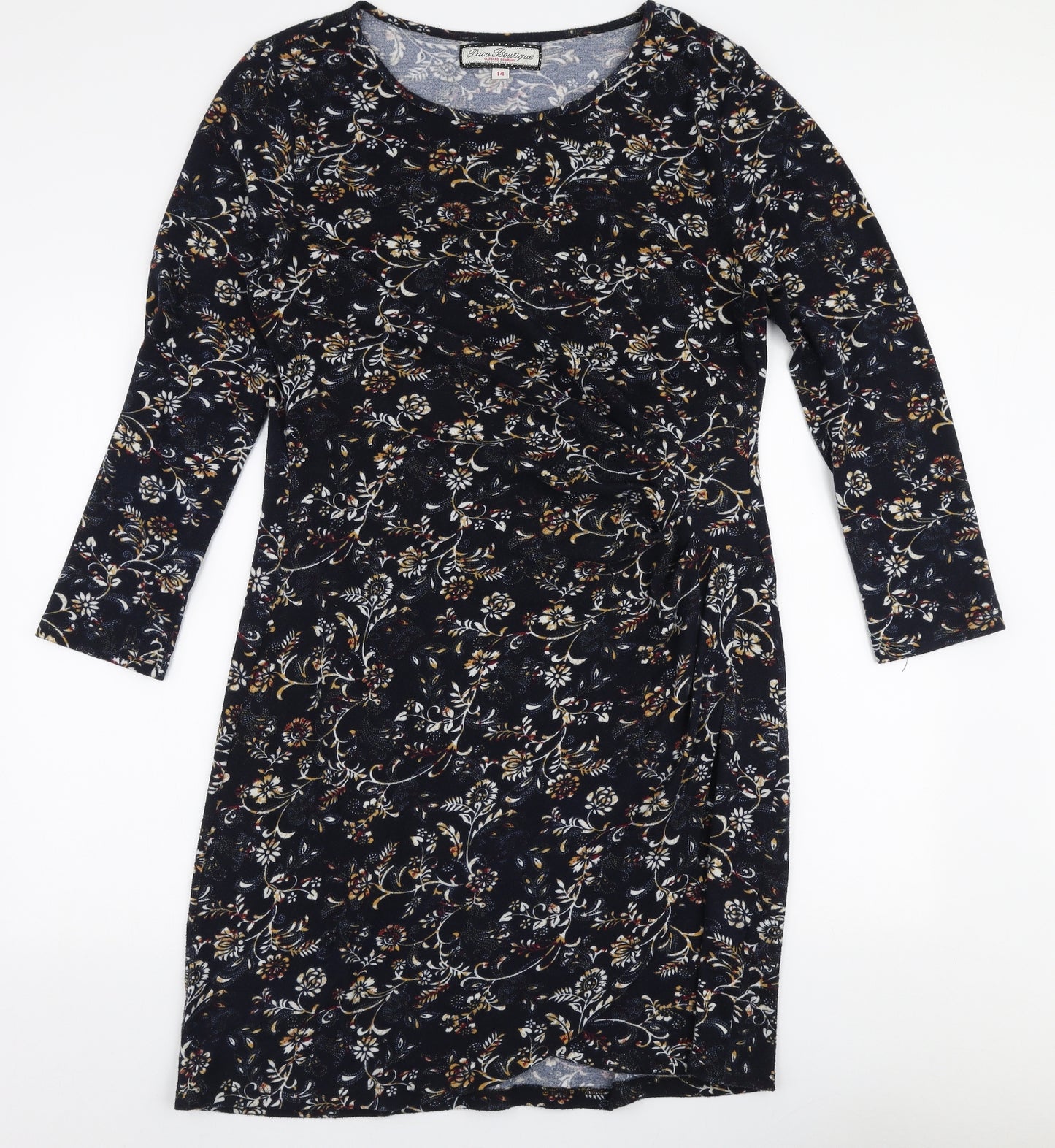 Paco Boutique Womens Blue Floral Polyester A-Line  Size 14  Round Neck Pullover