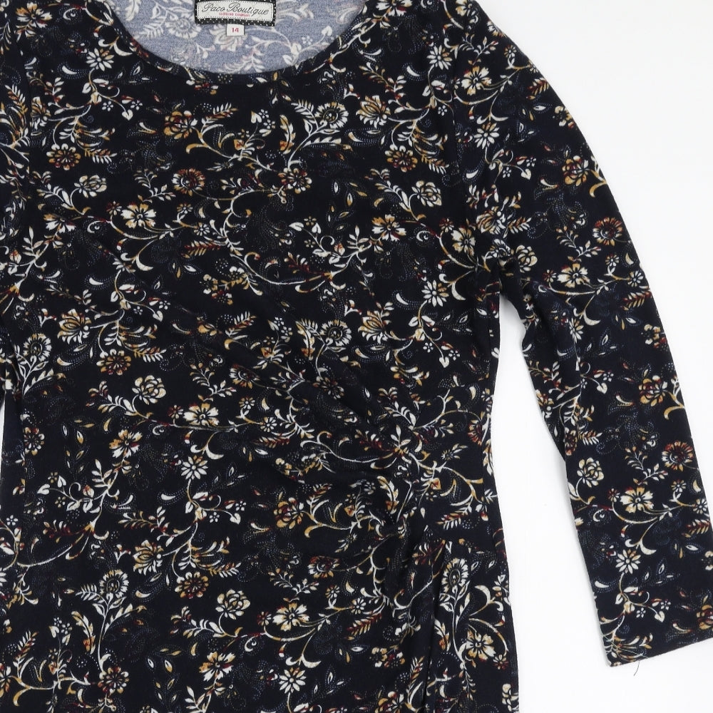 Paco Boutique Womens Blue Floral Polyester A-Line  Size 14  Round Neck Pullover
