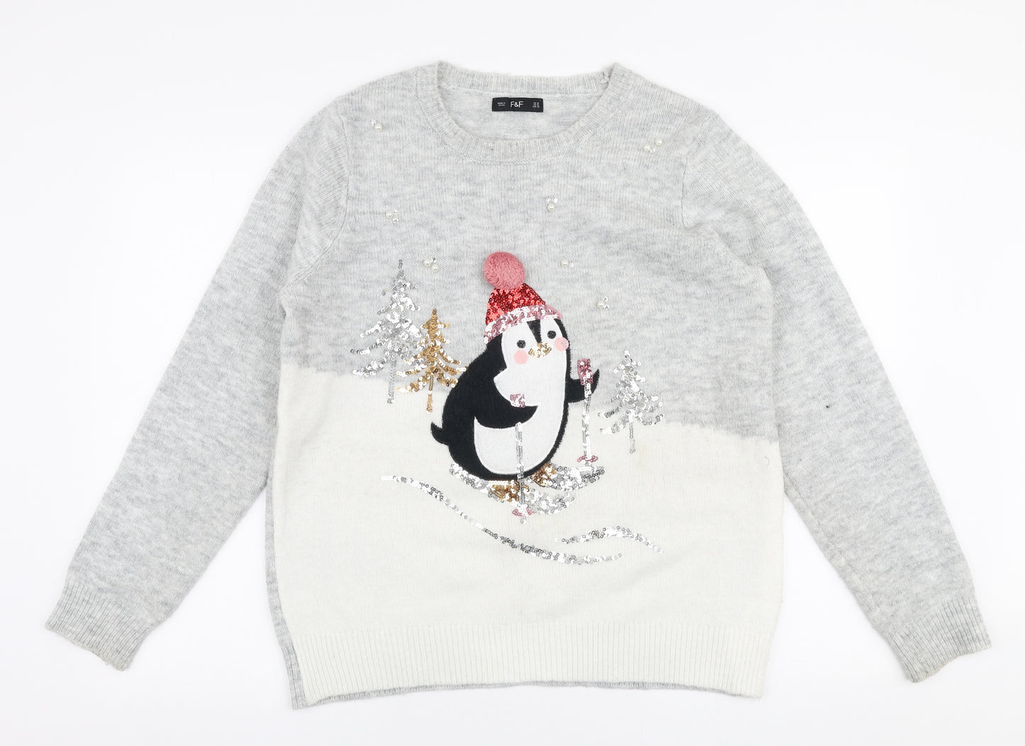 F&F Womens Grey Round Neck  Polyester Pullover Jumper Size 14   - Christmas Penguin
