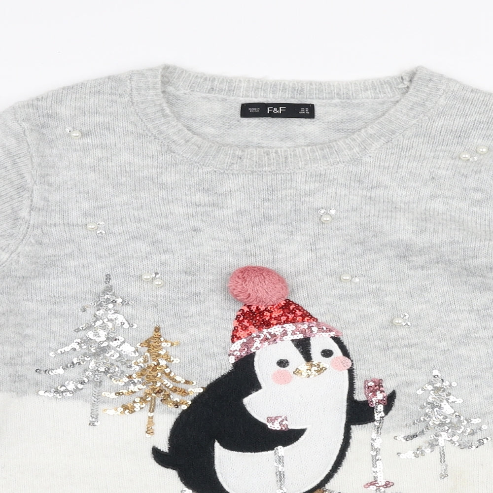 F&F Womens Grey Round Neck  Polyester Pullover Jumper Size 14   - Christmas Penguin