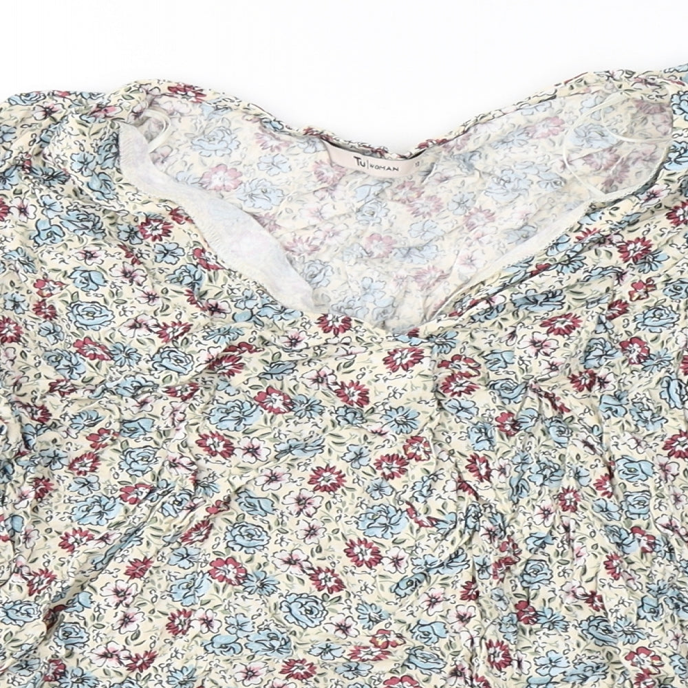 TU Womens Ivory Floral Viscose Jersey Blouse Size 12 Round Neck
