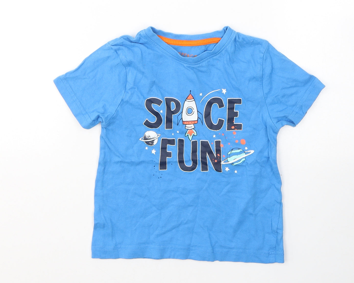 JEFF&CO Boys Blue  Cotton Basic T-Shirt Size 3-4 Years Round Neck Pullover - space fun