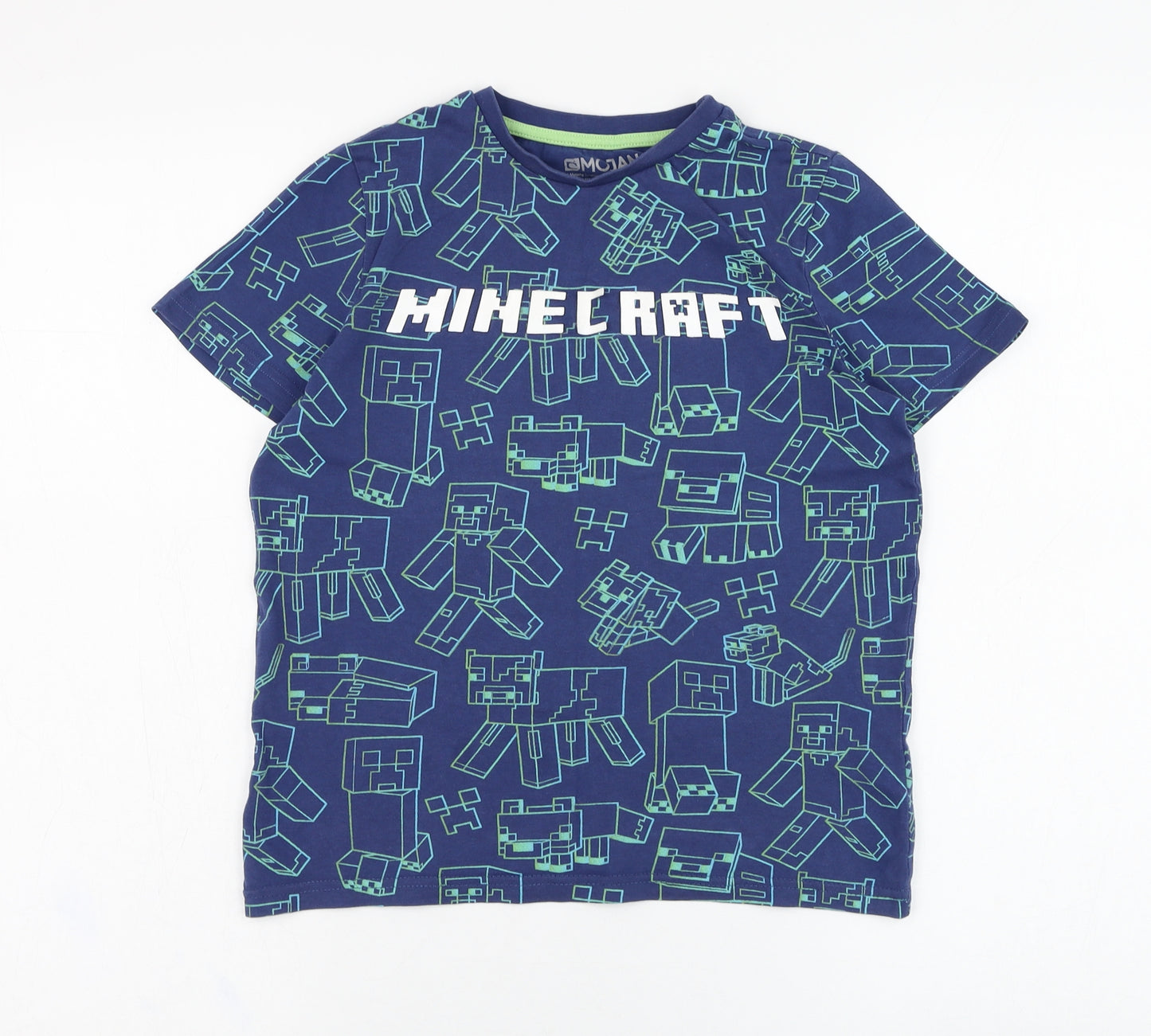 F&F Boys Blue  Cotton Basic T-Shirt Size 8-9 Years Round Neck Pullover - Minecraft