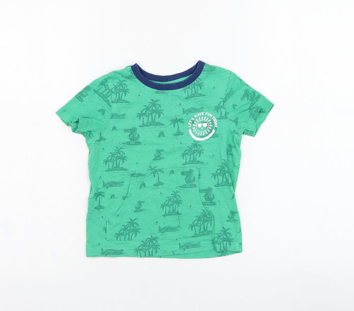 George Boys Green Cotton Basic T-Shirt Size 2-3 Years Round Neck Pullover - Slogan