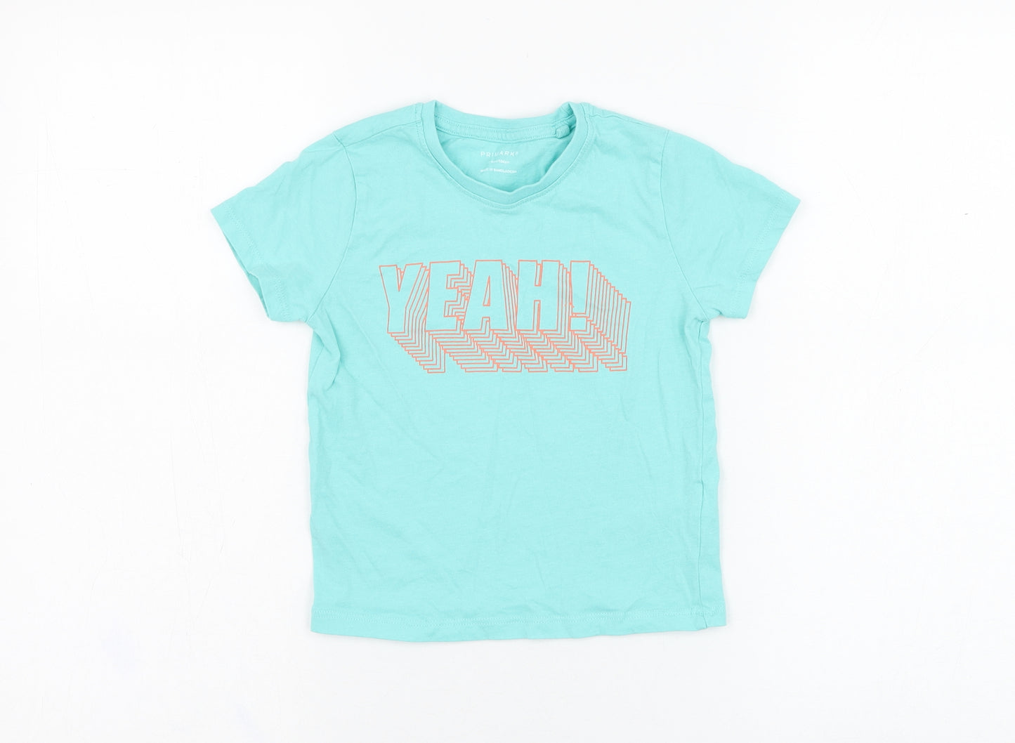 Primark Boys Blue  Cotton Basic T-Shirt Size 3-4 Years Round Neck Pullover - Yeah
