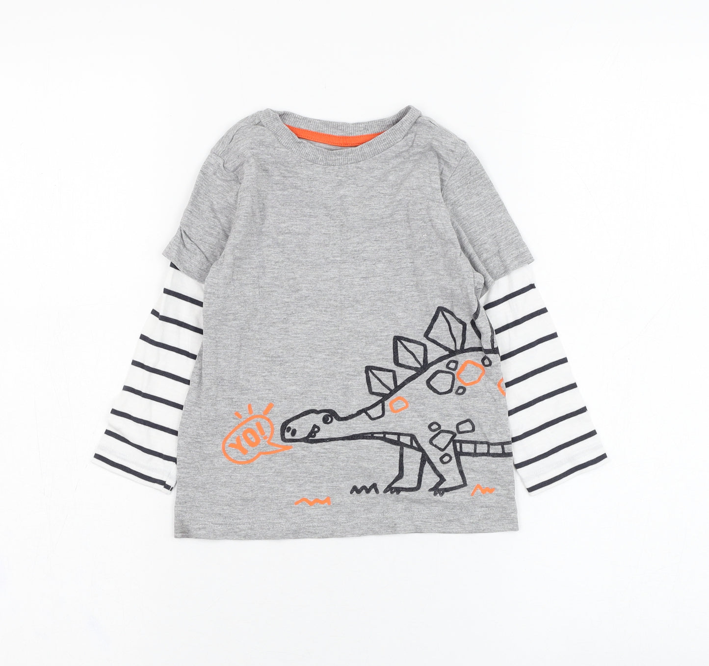 F&F Boys Grey  Cotton Basic T-Shirt Size 2-3 Years Round Neck Pullover - Dinosaur