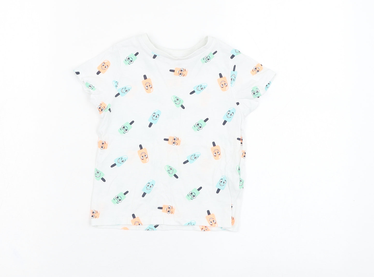 Pep&co Boys White Geometric Cotton Basic T-Shirt Size 2-3 Years Round Neck Pullover - Ice lolly