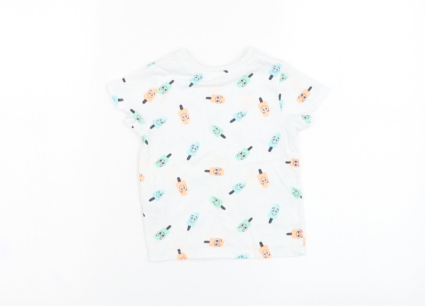 Pep&co Boys White Geometric Cotton Basic T-Shirt Size 2-3 Years Round Neck Pullover - Ice lolly