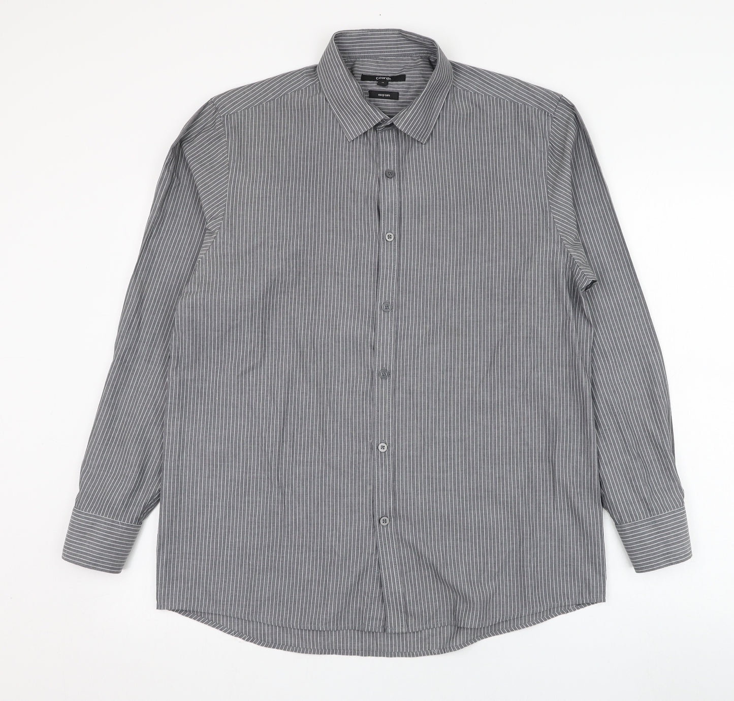 George Mens Grey Striped Polyester  Dress Shirt Size 16 Collared Button