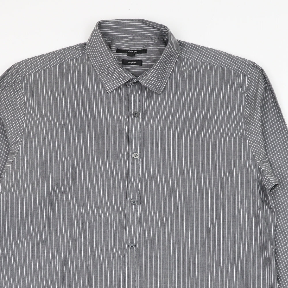 George Mens Grey Striped Polyester  Dress Shirt Size 16 Collared Button