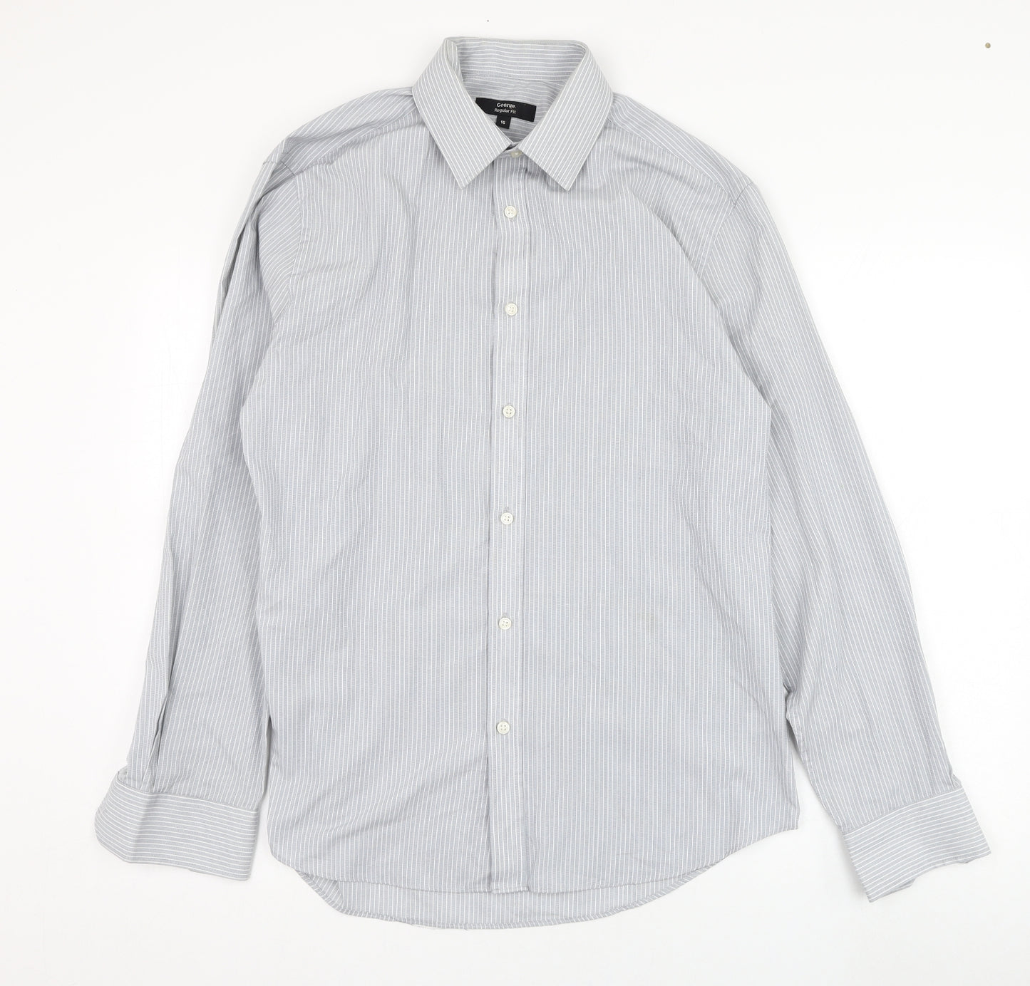 George Mens Grey Striped Polyester  Dress Shirt Size 16 Collared