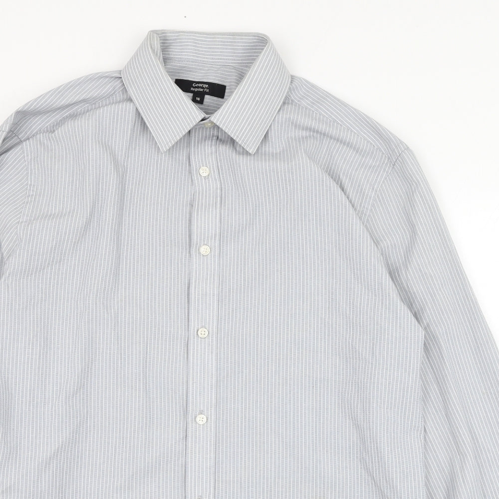 George Mens Grey Striped Polyester  Dress Shirt Size 16 Collared