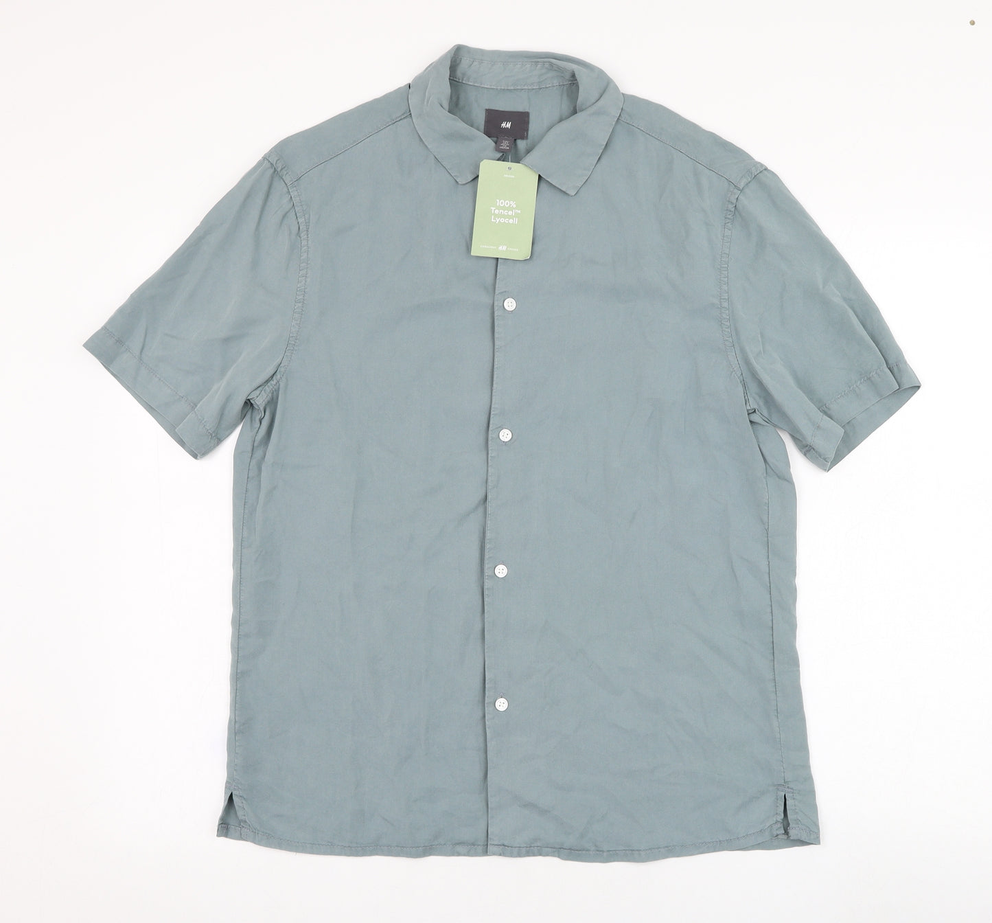 H&M Mens Green  Lyocell  Button-Up Size S Collared Button