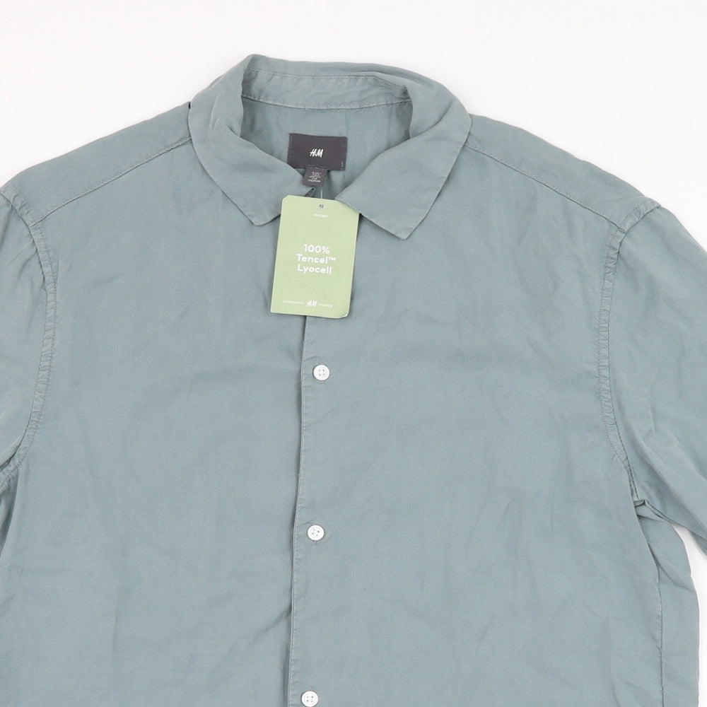 H&M Mens Green  Lyocell  Button-Up Size S Collared Button