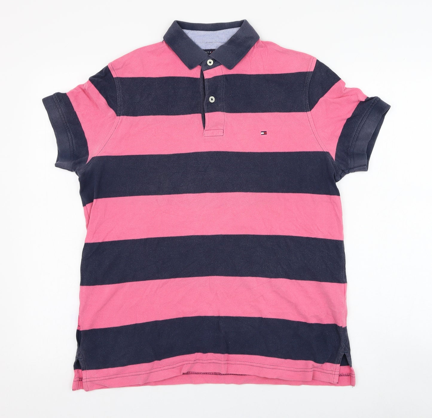 Tommy Hilfiger Mens Pink Striped Cotton  Polo Size S Collared Pullover