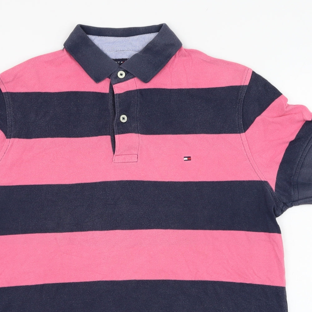 Tommy Hilfiger Mens Pink Striped Cotton  Polo Size S Collared Pullover