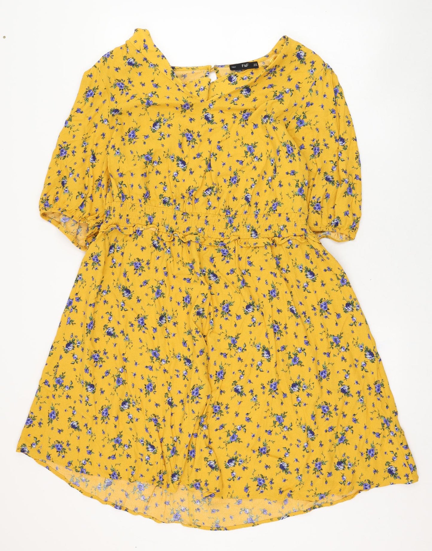 F&F Womens Yellow Floral Viscose Trapeze & Swing  Size 20  Round Neck Hook & Loop