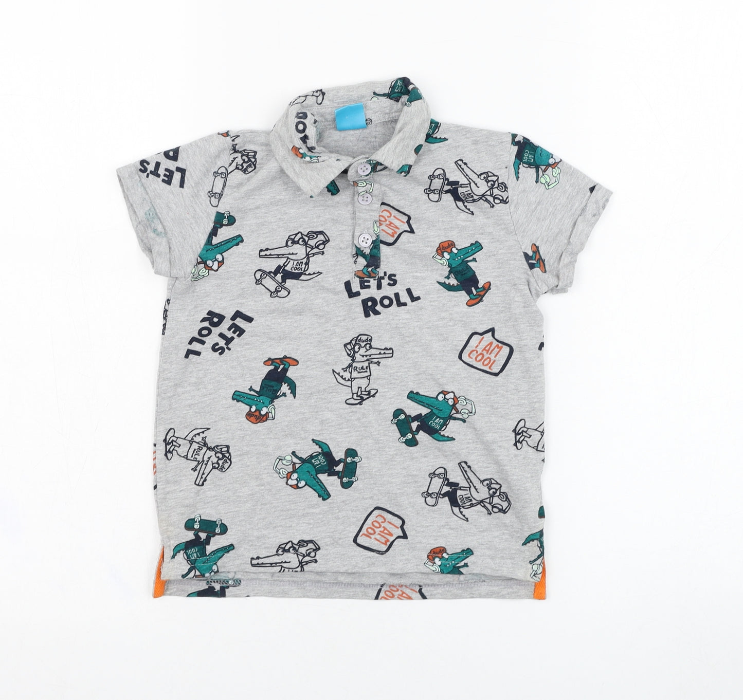 Little Kids Boys Grey  Cotton Basic T-Shirt Size 5-6 Years Collared Pullover - Crocodile