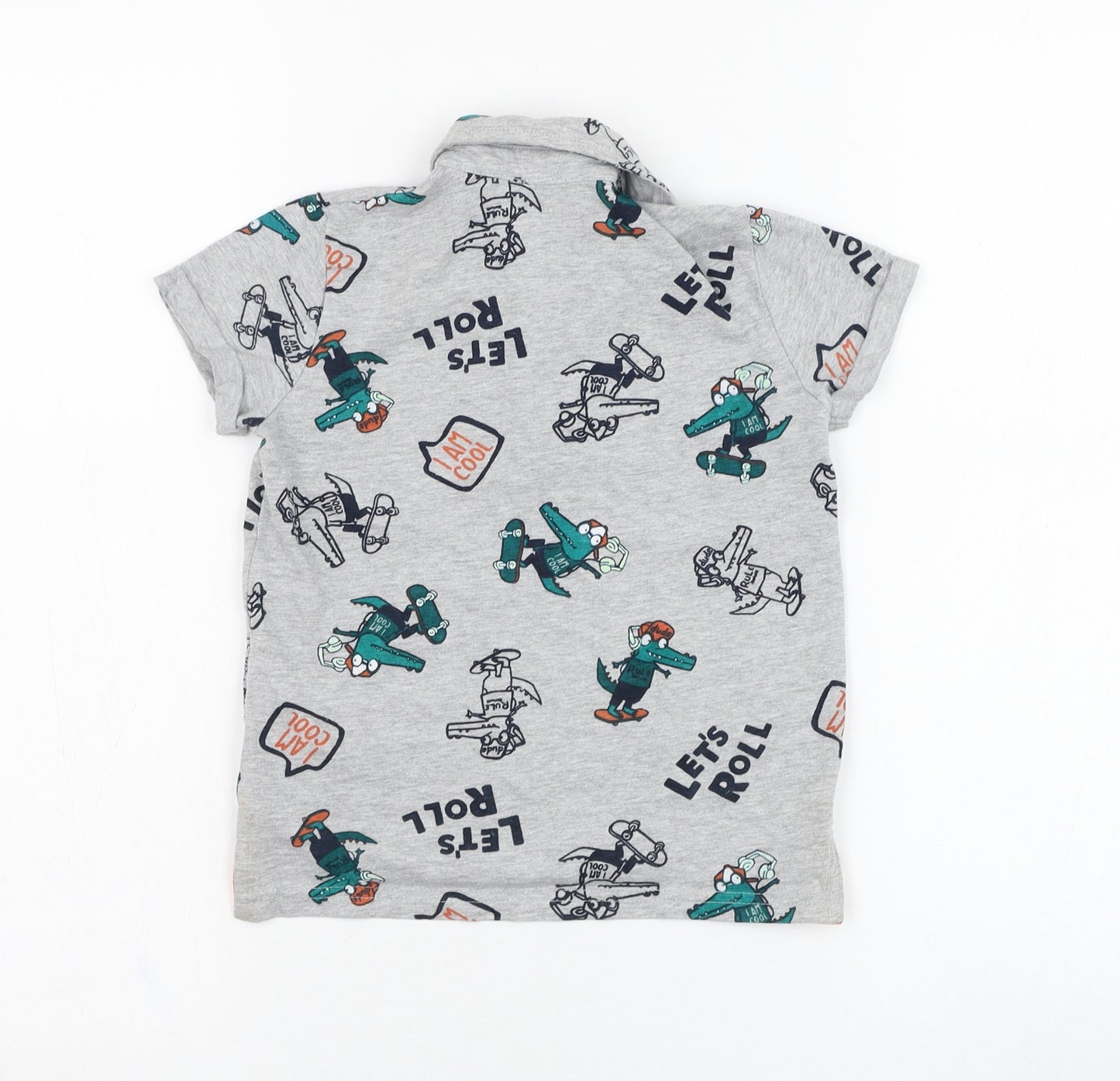 Little Kids Boys Grey  Cotton Basic T-Shirt Size 5-6 Years Collared Pullover - Crocodile