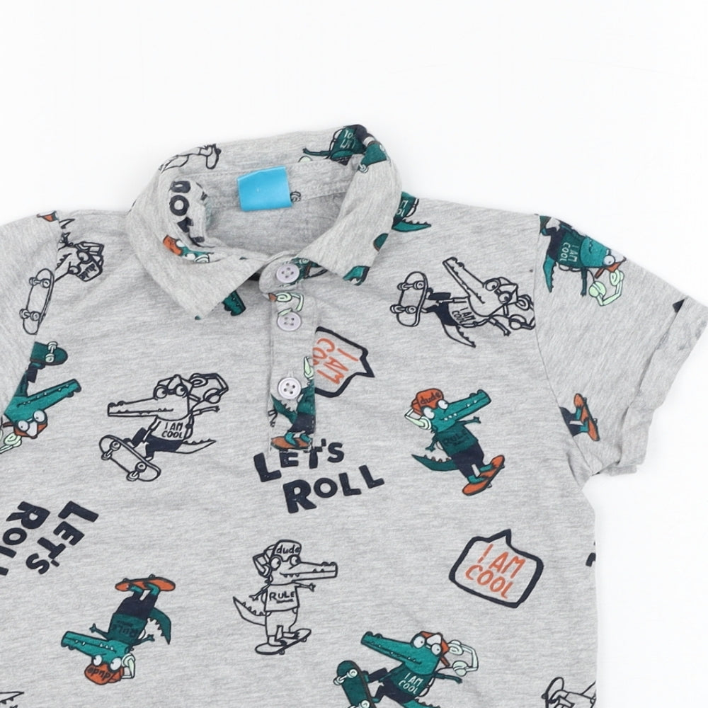 Little Kids Boys Grey  Cotton Basic T-Shirt Size 5-6 Years Collared Pullover - Crocodile